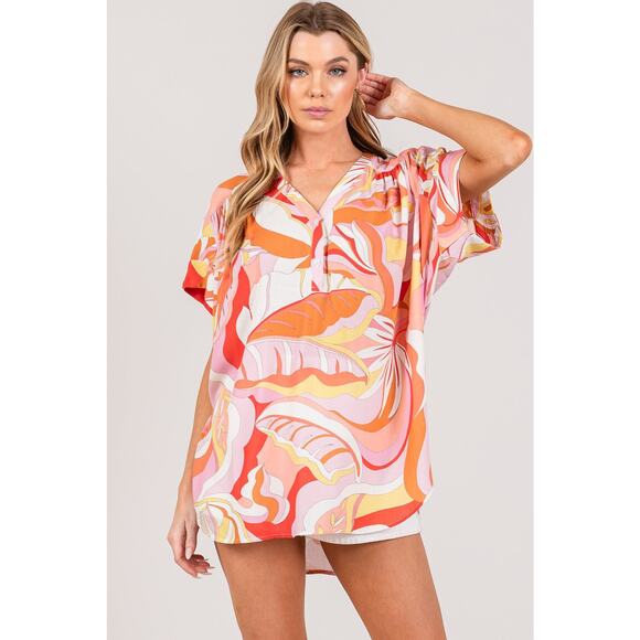 SAGE + FIG Abstract Print Half Button Short Sleeves Oversized Blouse | Coral - Picture 3 of 6